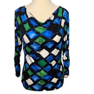 Premise 3/4 Sleeve Blouse Slight Cowl Neck Blue Green S